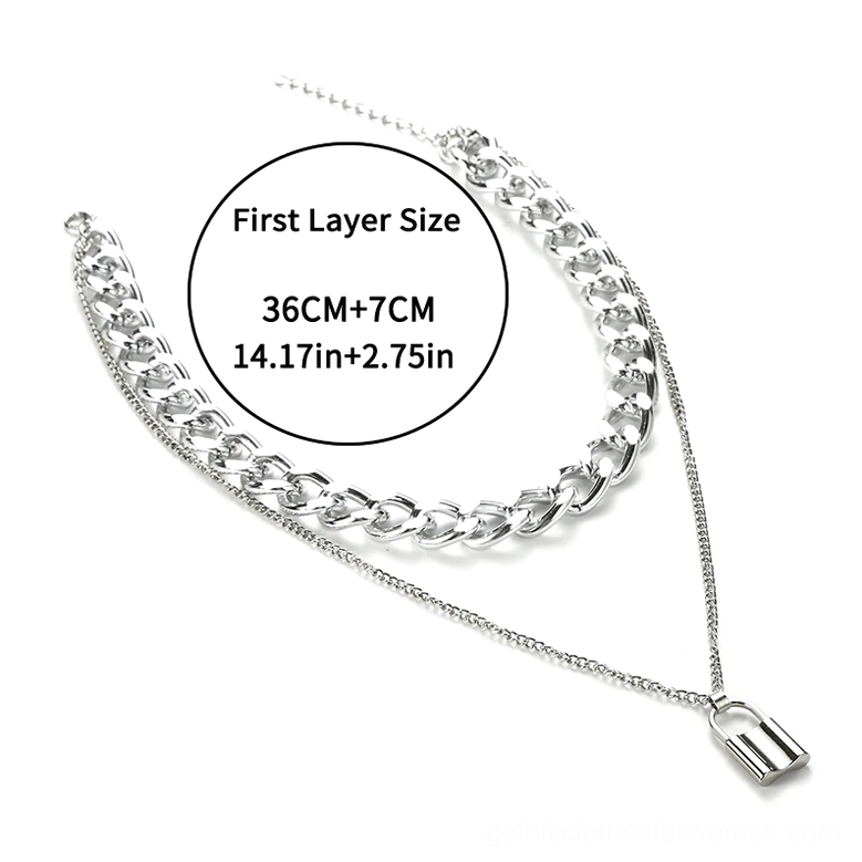 Silver padlock necklace with size specification label showing chain length measurement, gothic jewelry sizing reference flat lay