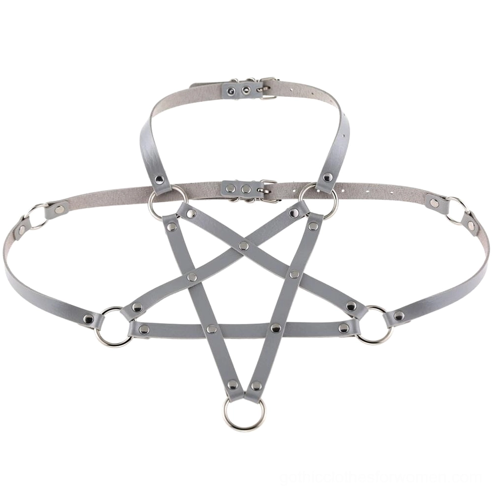 Silver metallic PU leather pentagram body harness with geometric strap design and adjustable components