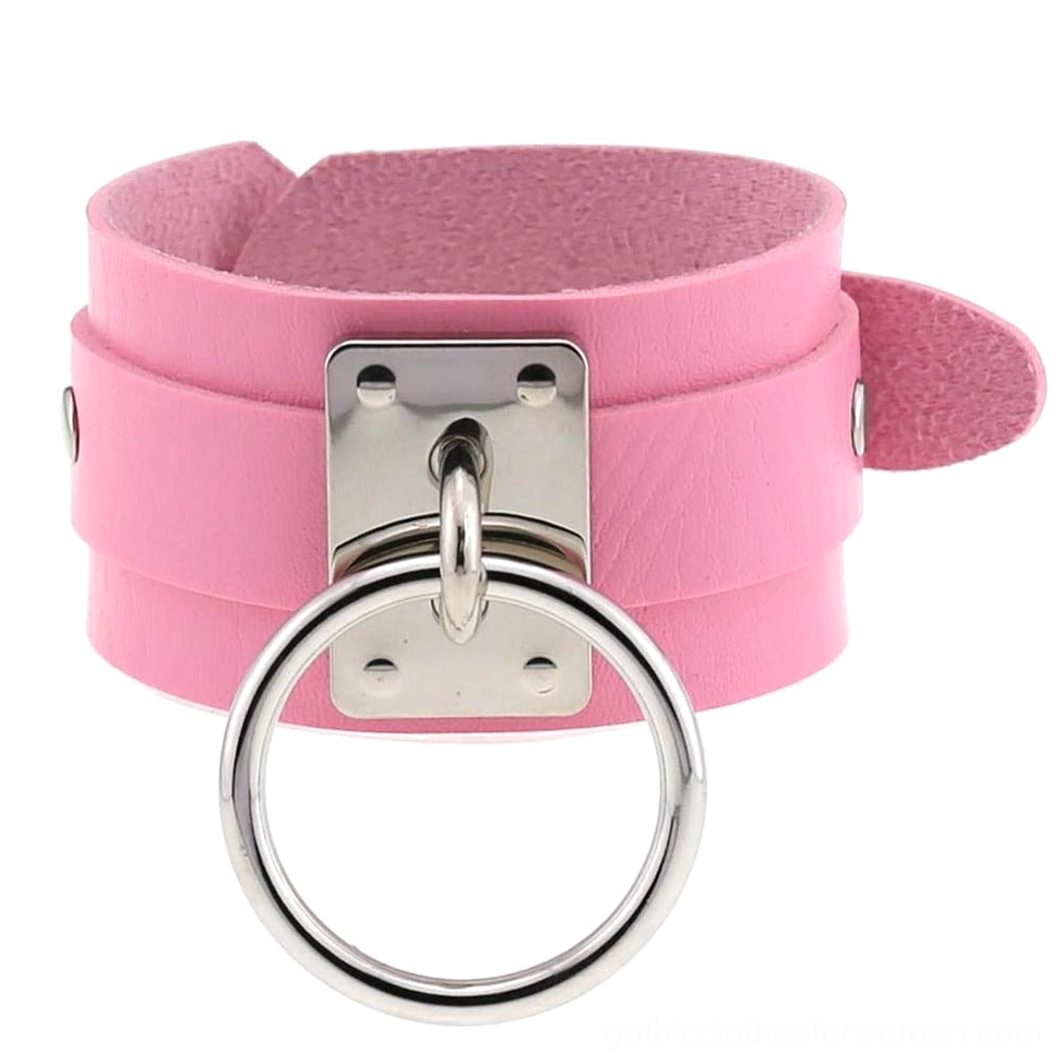 Silver pink leather gothic cuff bracelet with metal ring hardware, soft goth aesthetic jewelry