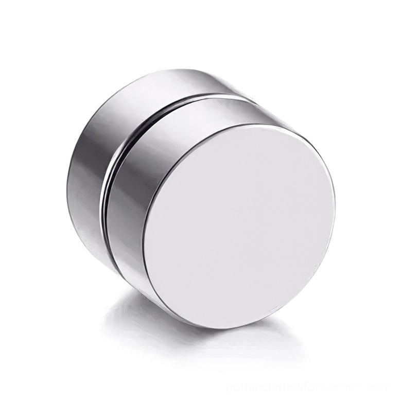 Silver magnetic stud earring front view, high-polished round stainless steel non-pierce gothic stud