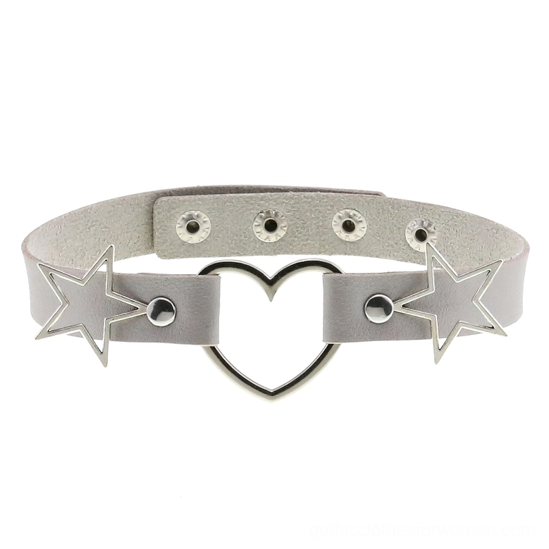 Silver PU leather choker with heart pendant and hollow star decorations, adjustable snap buttons, elegant gothic accessory
