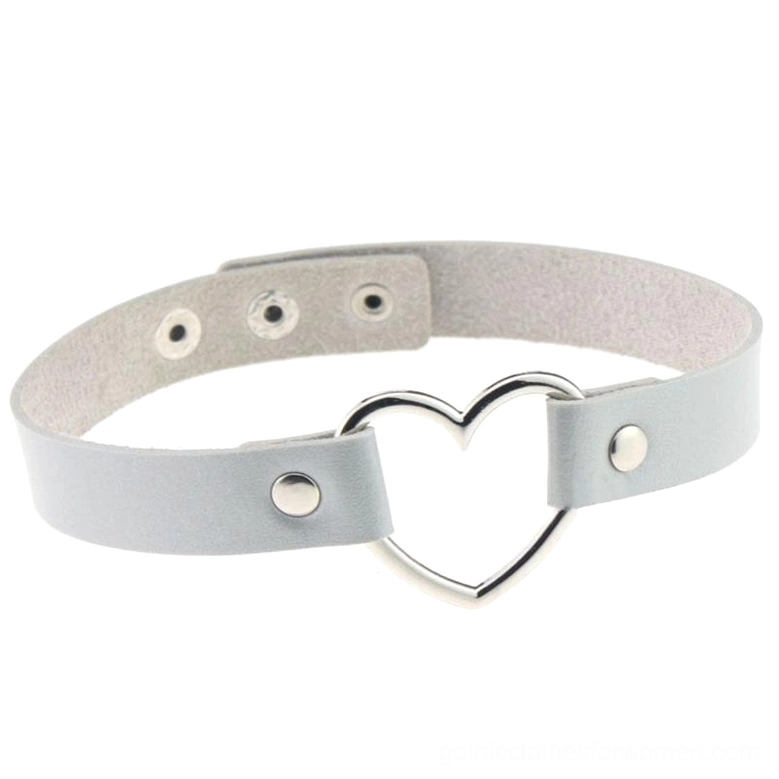 Silver PU leather heart choker necklace with metal heart detail and link chain construction on white background