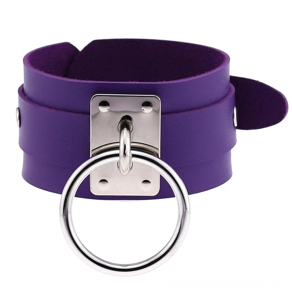 Silver purple leather gothic wrist bracelet featuring mystical dark aesthetic and metal accents