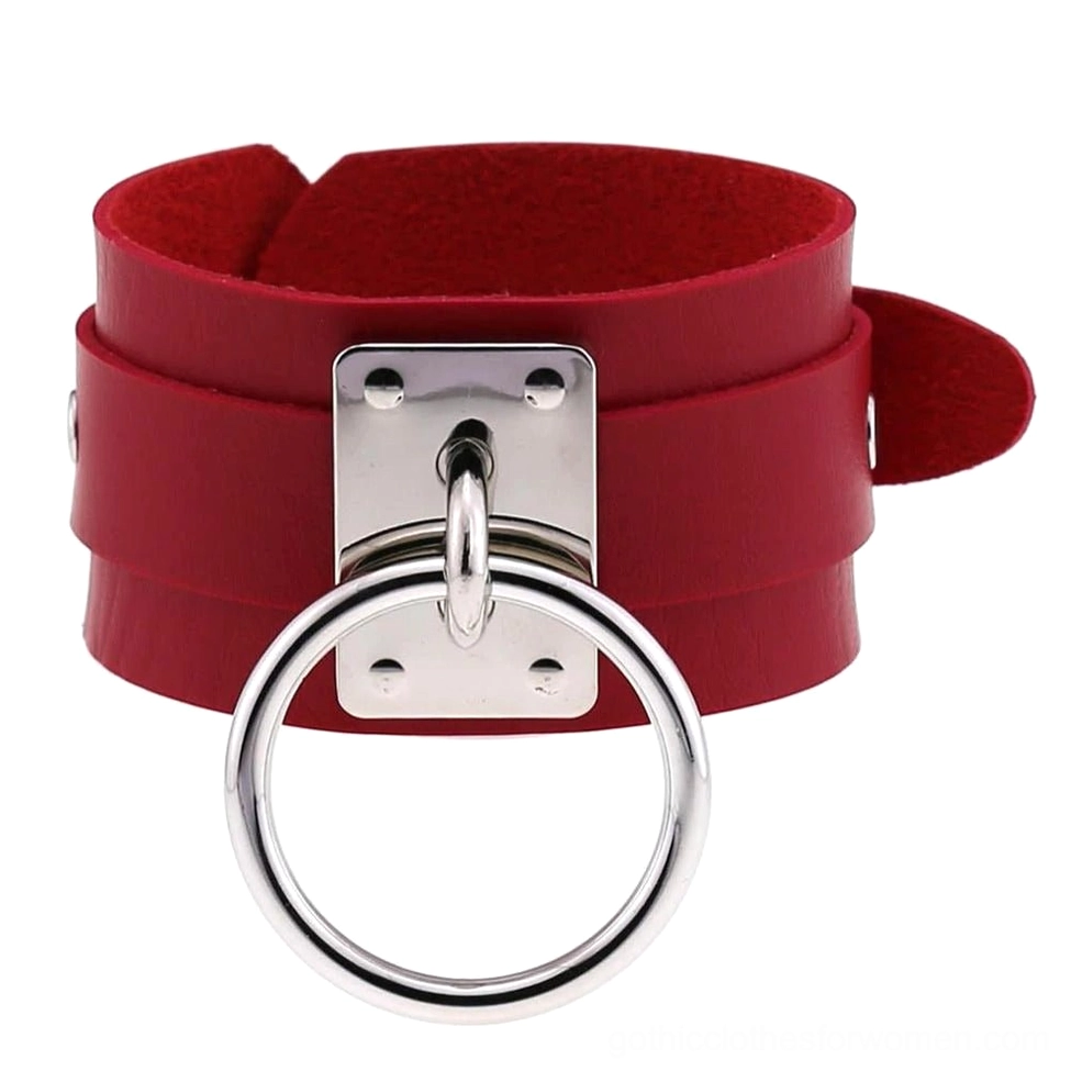 Silver red leather gothic cuff bracelet with dramatic bold design and reinforced construction