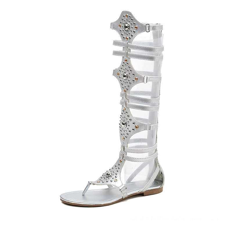 Silver Tone Gladiator Sandals with Rhinestone Studs - Side Profile View highlighting Mesh Strap Design