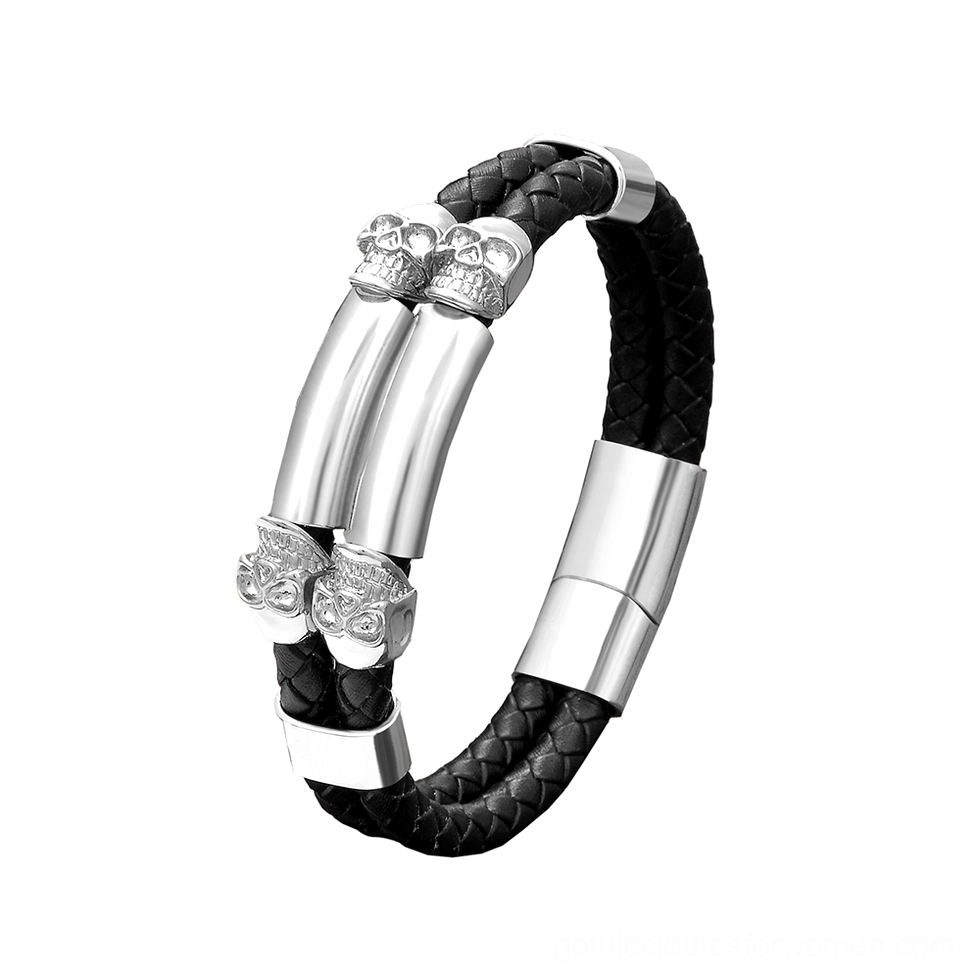 Silver Gothic Skull Magnetic Bracelet with Black Leather Braiding - Polished Stainless Steel Alternative Bangle