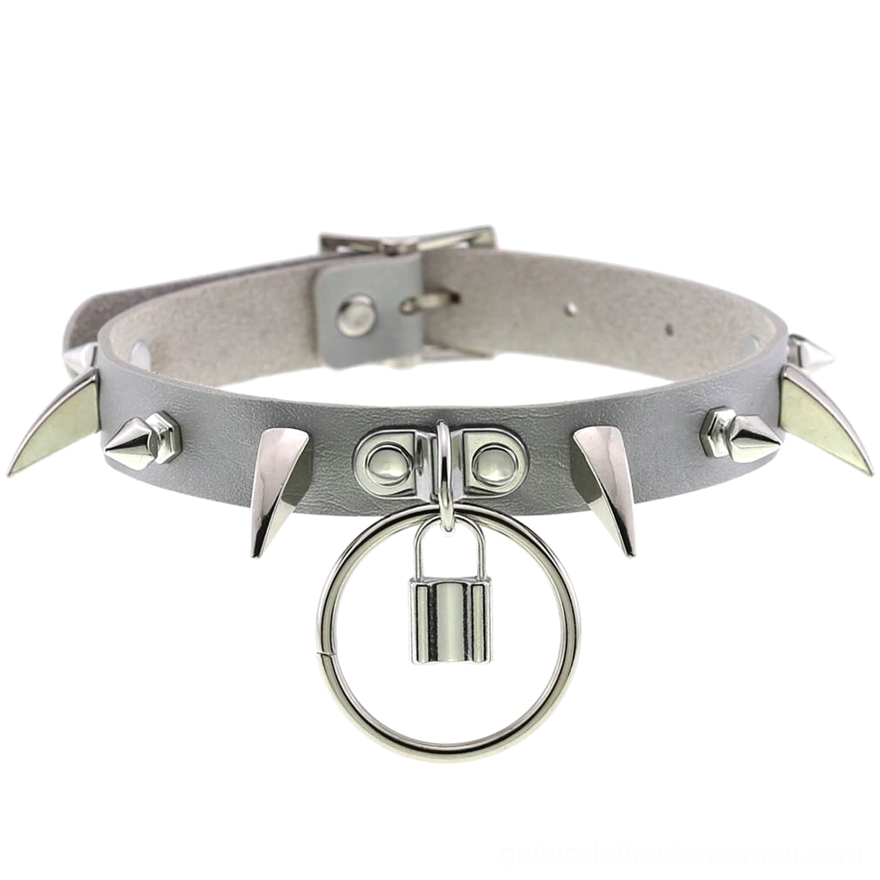 Silver metallic spiked gothic choker with celestial aesthetic and lock pendant
