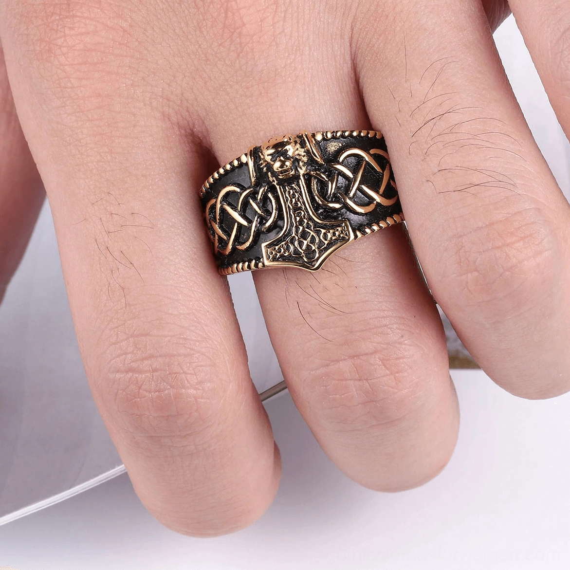 Silver stainless steel Thor's hammer Celtic gothic ring with precision-engraved Mjolnir and Celtic symbolism