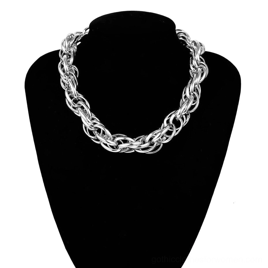 Silver twisted curb chain necklace flat lay with adjustable extender, minimalist gothic metal jewelry