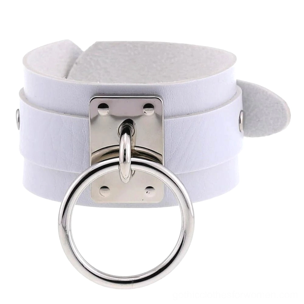 Silver white leather gothic cuff bracelet with ethereal pale aesthetic and metal hardware