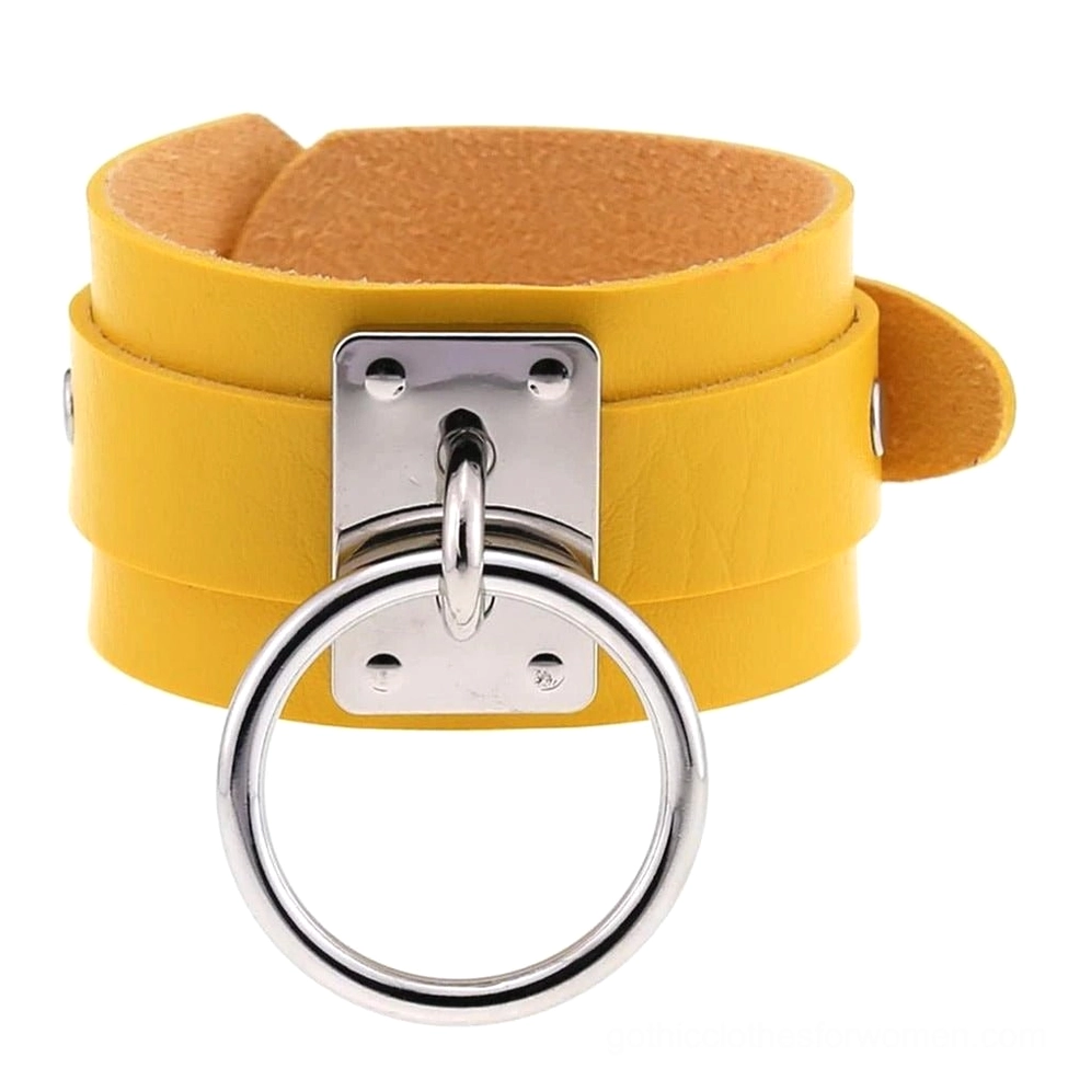 Silver yellow leather gothic bracelet with vintage goth appeal and steampunk-inspired metal accents