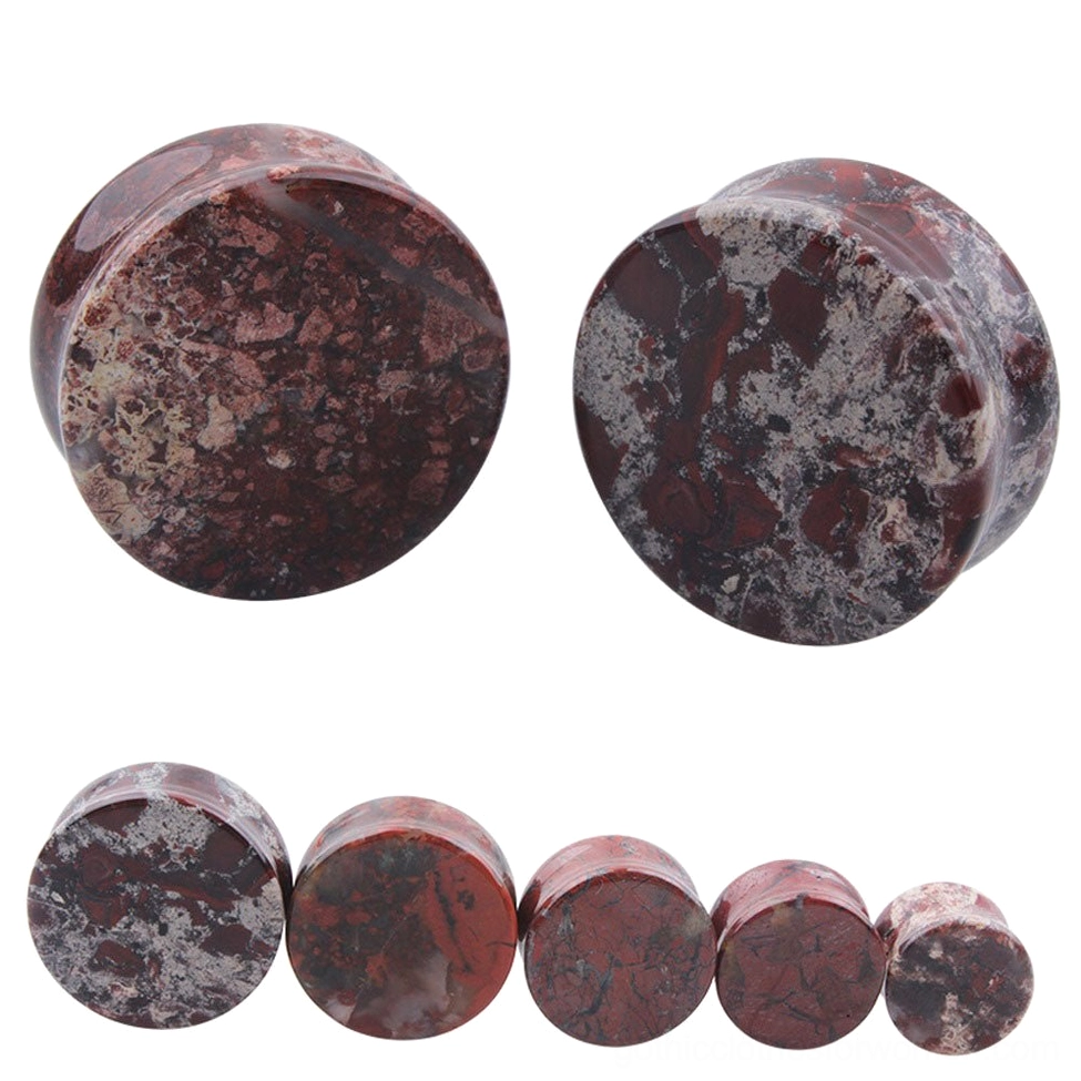 Natural polished bloodstone ear gauge single piece showcasing deep burgundy coloring and unique stone patterns, gothic body jewelry