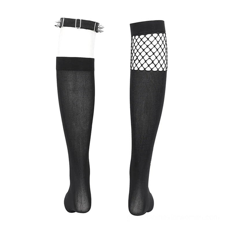 Single asymmetrical gothic knee-high sock display showing fishnet top panel and smooth black body on mannequin leg