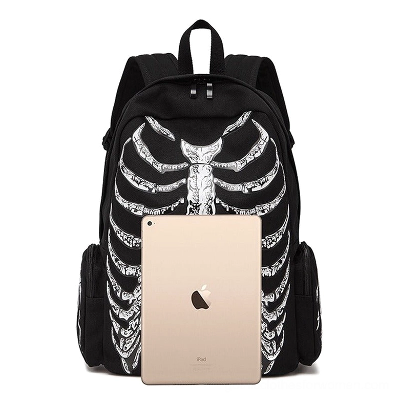 Skeleton print backpack front angle showing tablet-fit capacity and ribcage graphic design