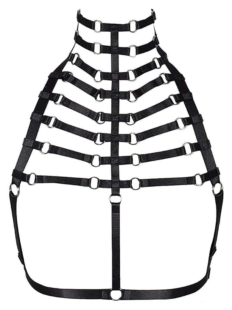 Black skeleton harness bra flat lay display, multi-strap buckle construction on mannequin