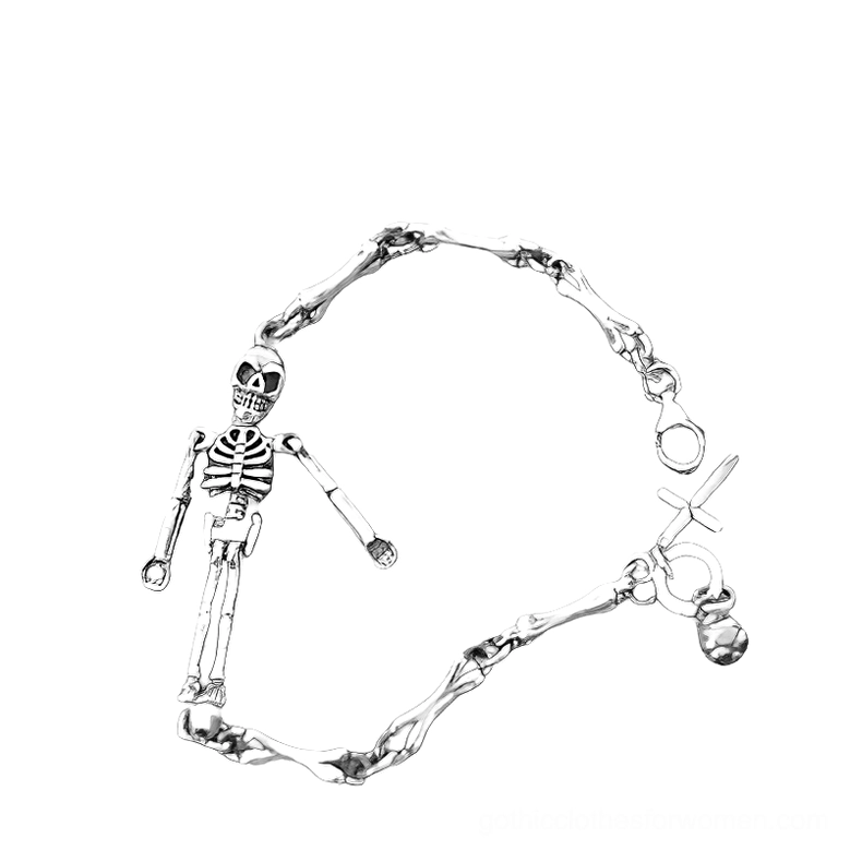 Front flat view of sterling silver skeleton bracelet with prominent skeleton pendant and cross charm detail on white background