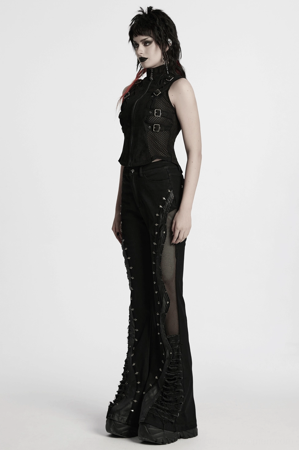 Additional flat lay detail of skeleton cutout gothic suede vest highlighting mesh panels, metal buckle positioning, and overall construction quality