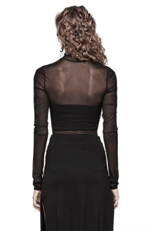 Sheer black mesh gothic top back view showing ruched torso design on model