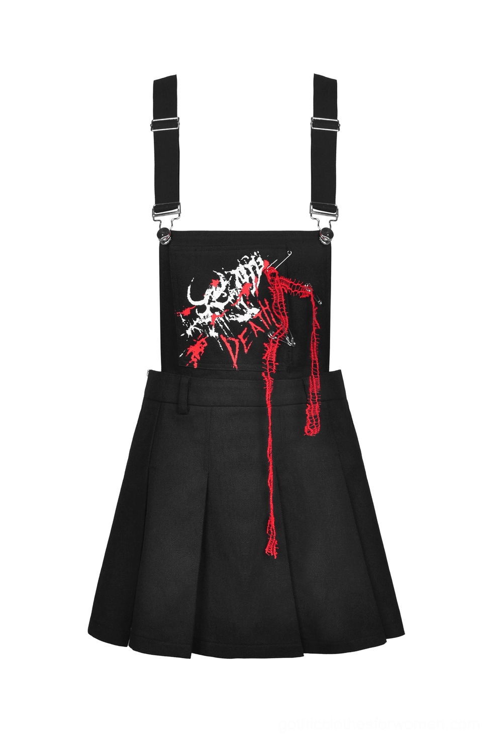 Front full view of black pleated pinafore dress with embroidery print and red tassel trim detail