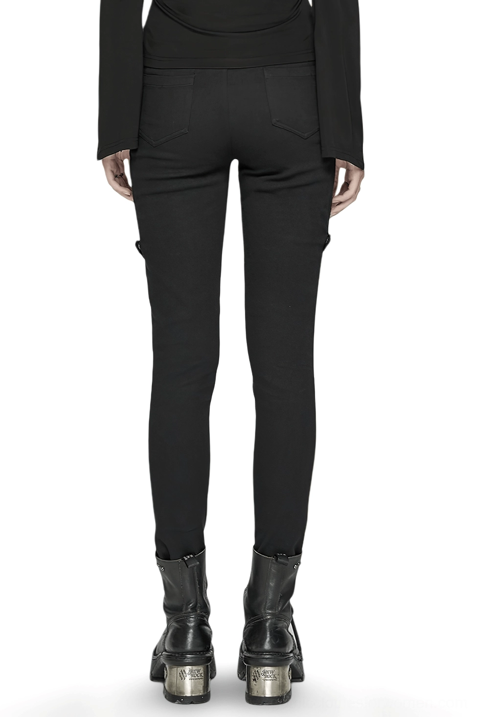 Black gothic skeleton pants rear view - back pockets and tailored slim fit