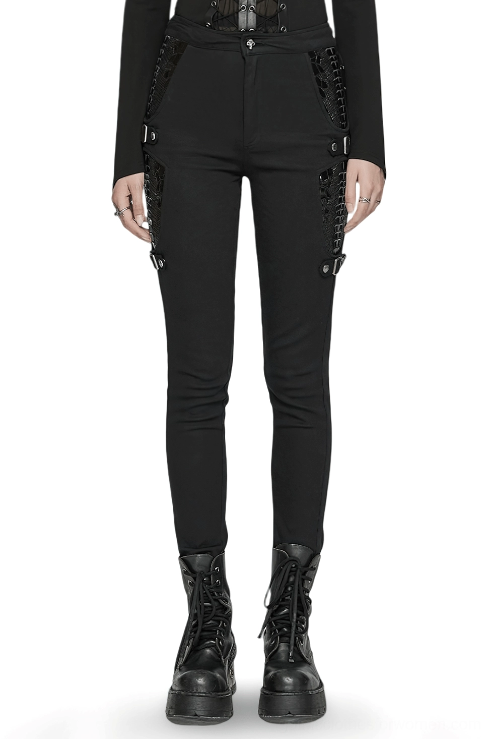 Black skeleton gothic pants with patent leather side buckle straps - front full-body view