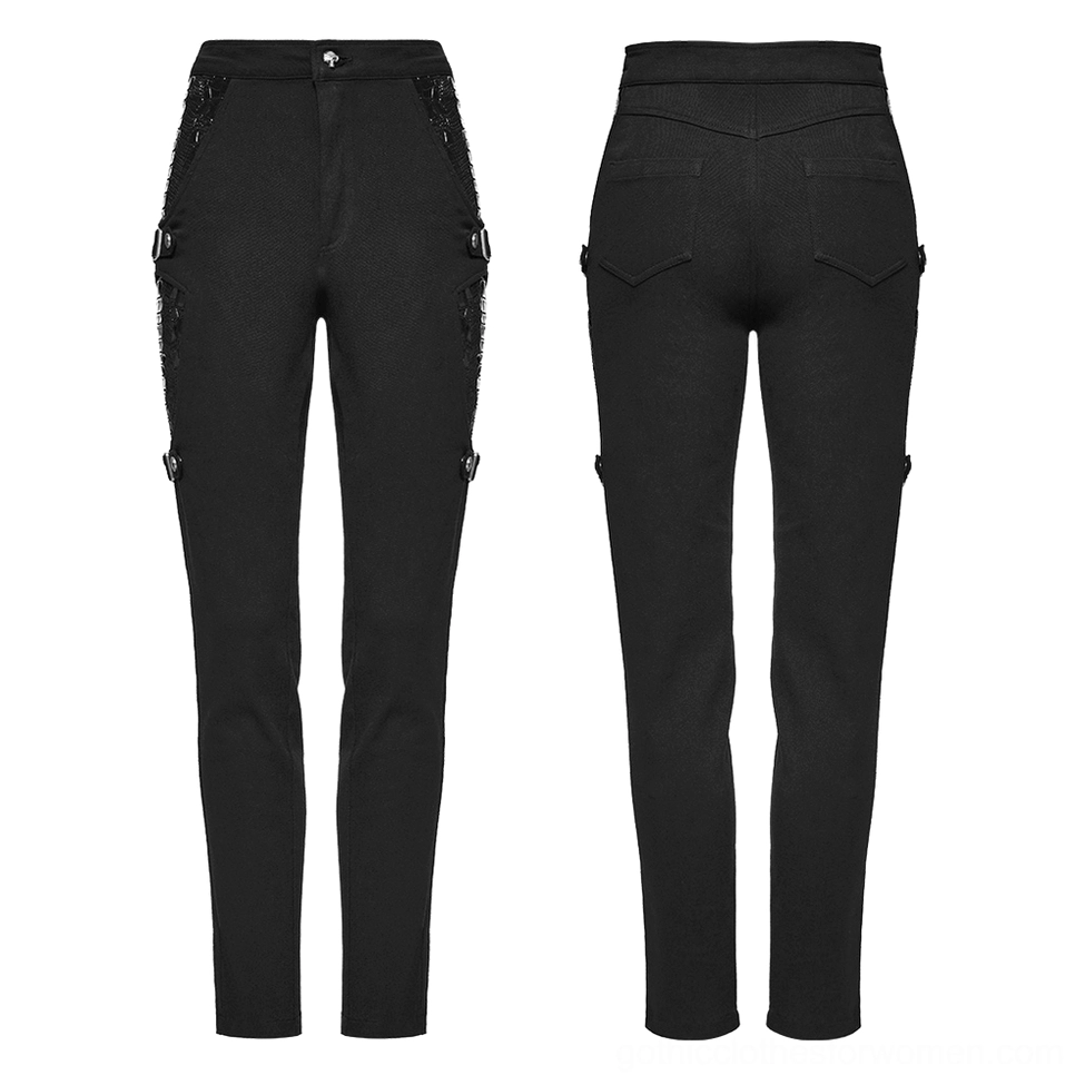 Skeleton gothic pants flat lay front and back - black twill fabric construction