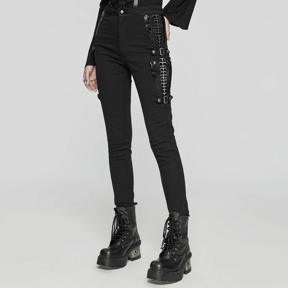 Black skeleton gothic pants three-quarter side view with buckle lace-up details