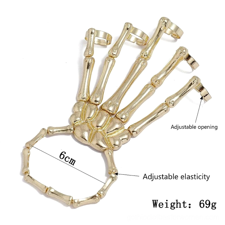 Gold skeleton hand slave bracelet flat lay product shot showing adjustable design and 6cm diameter specification
