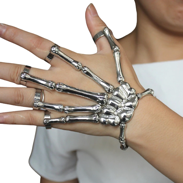 Silver-toned skeleton hand slave bracelet side view showing polished metal finish and multiple finger rings