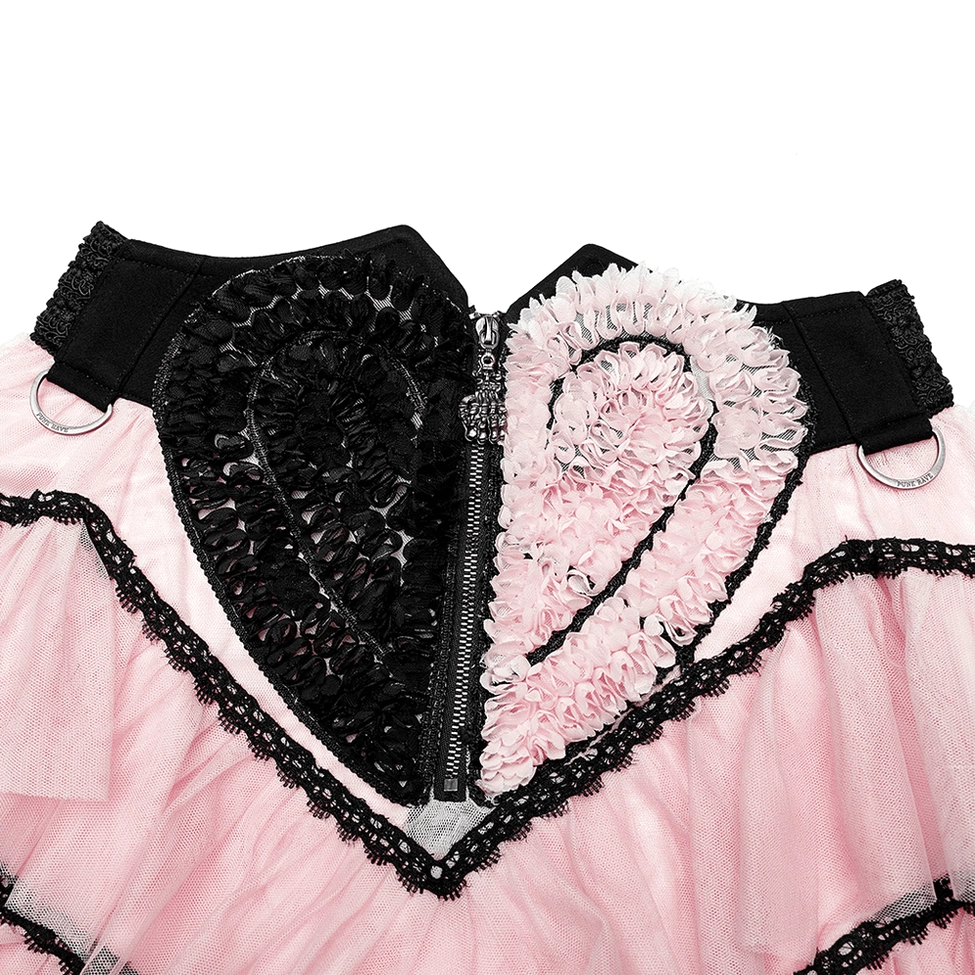 Skeleton hand zipper closure close-up with D-rings and dual heart appliqués showing decorative gothic hardware and punk rock details