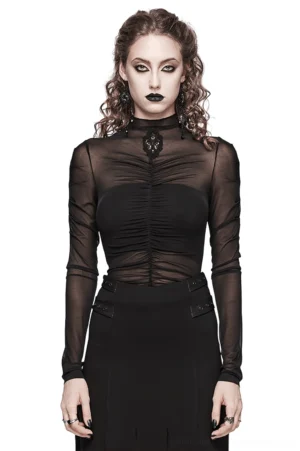Black sheer mesh skeleton embroidered gothic long sleeve top front view on model