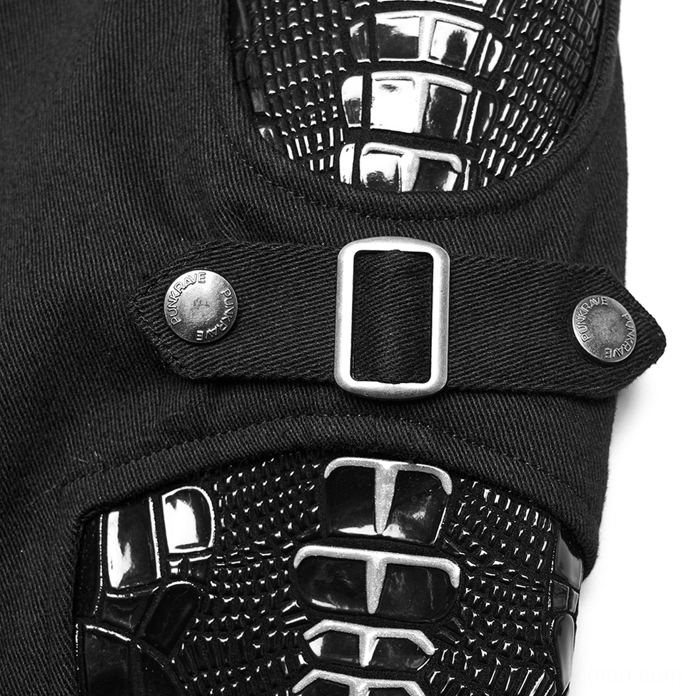 Close-up detail of silver metal buckle and crocodile embossed leather strap accent