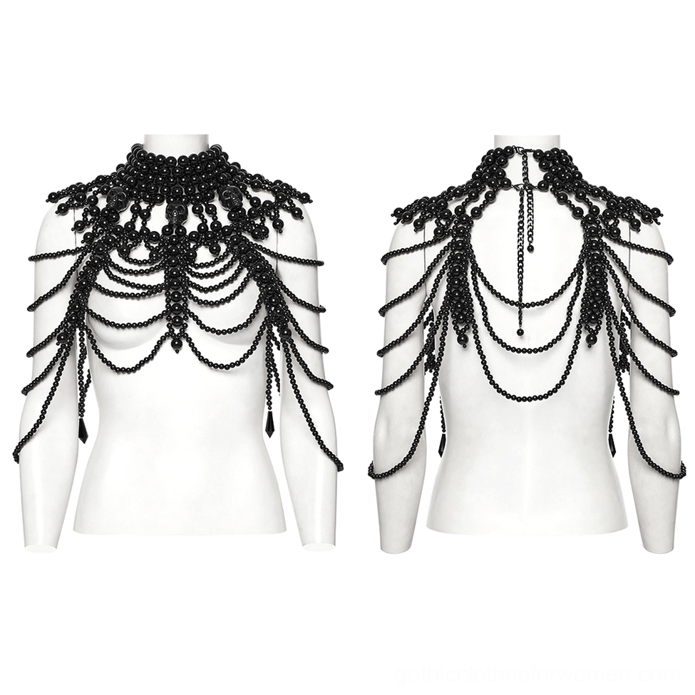 Black pearl skull body harness displayed on mannequins showcasing ribcage-inspired skeleton style design and multi-strand configuration