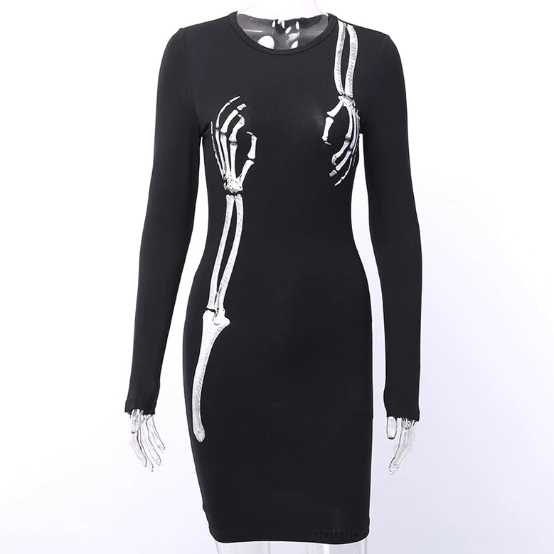 Black bodycon mini dress on form showing front skeleton hand print detail and long fitted sleeves with precise seaming