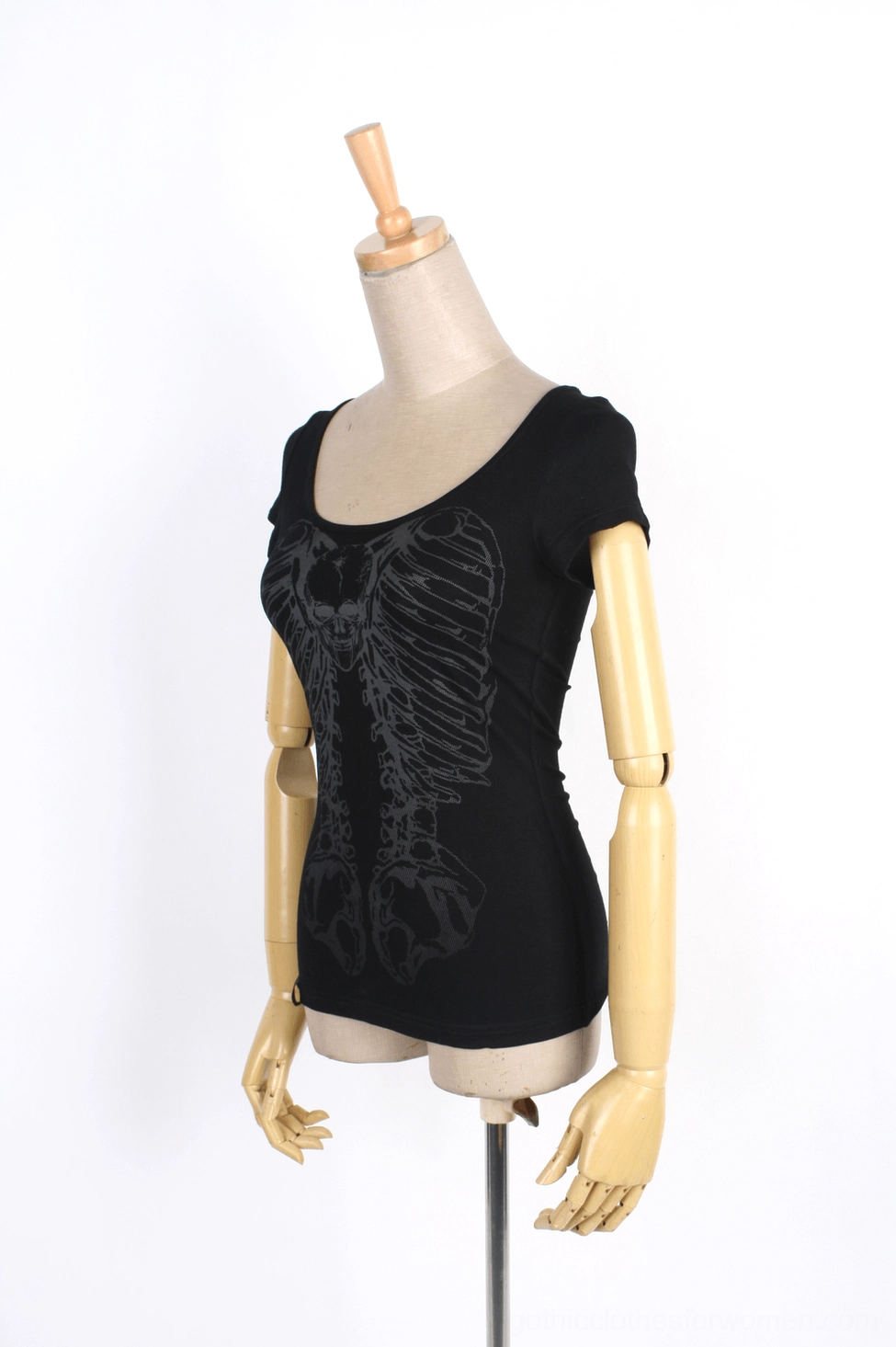 Black skeleton ribcage print t-shirt three-quarter front view on mannequin, alternative fashion style