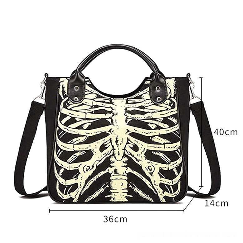 Anatomical skeleton print tote with size markers 36cm x 40cm x 14cm - gothic handbag dimensions and scale reference
