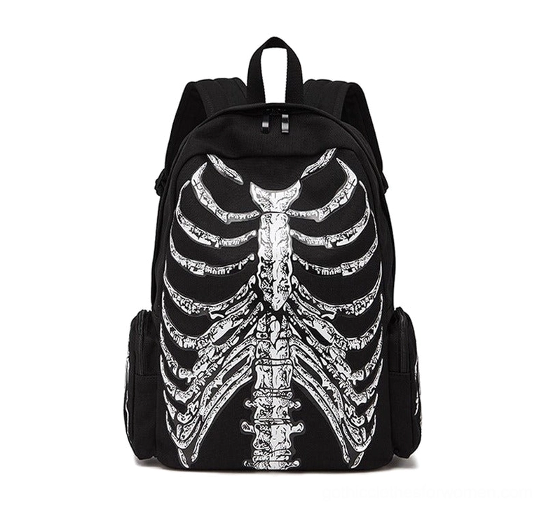 Black skeleton ribcage gothic backpack front view with anatomical print design