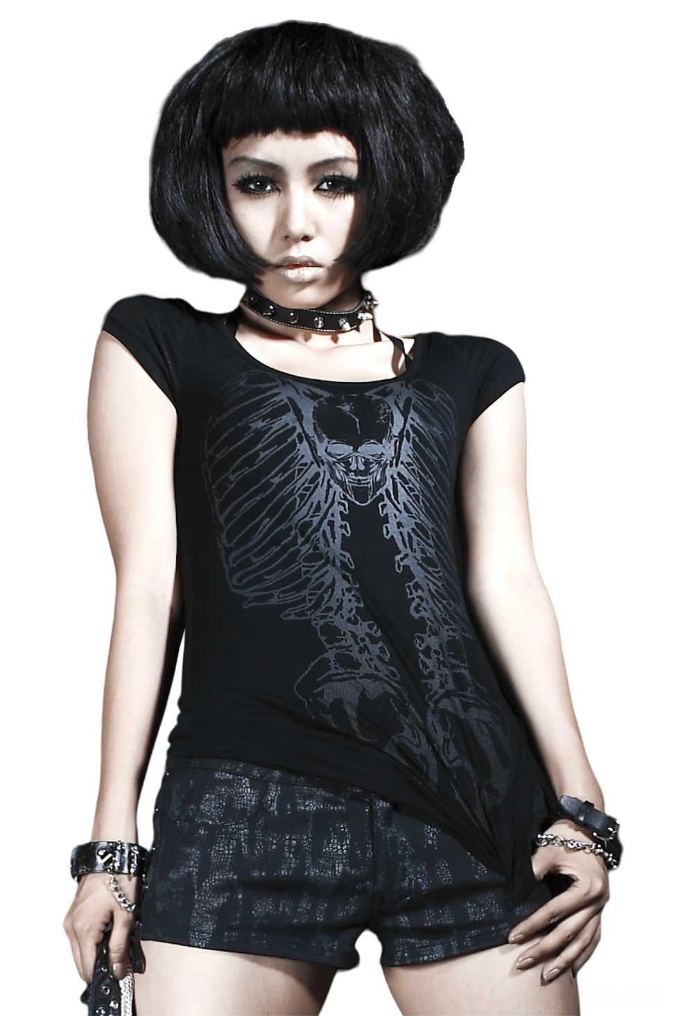 Black skeleton ribcage gothic t-shirt front full-body view worn by female model, slim-fit knit with skull print