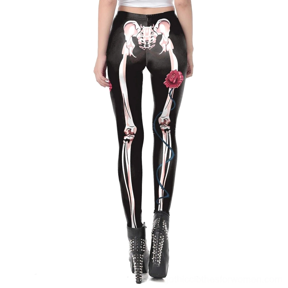 Black skeleton gothic leggings rear view - back hip skeletal print with red rose accent details