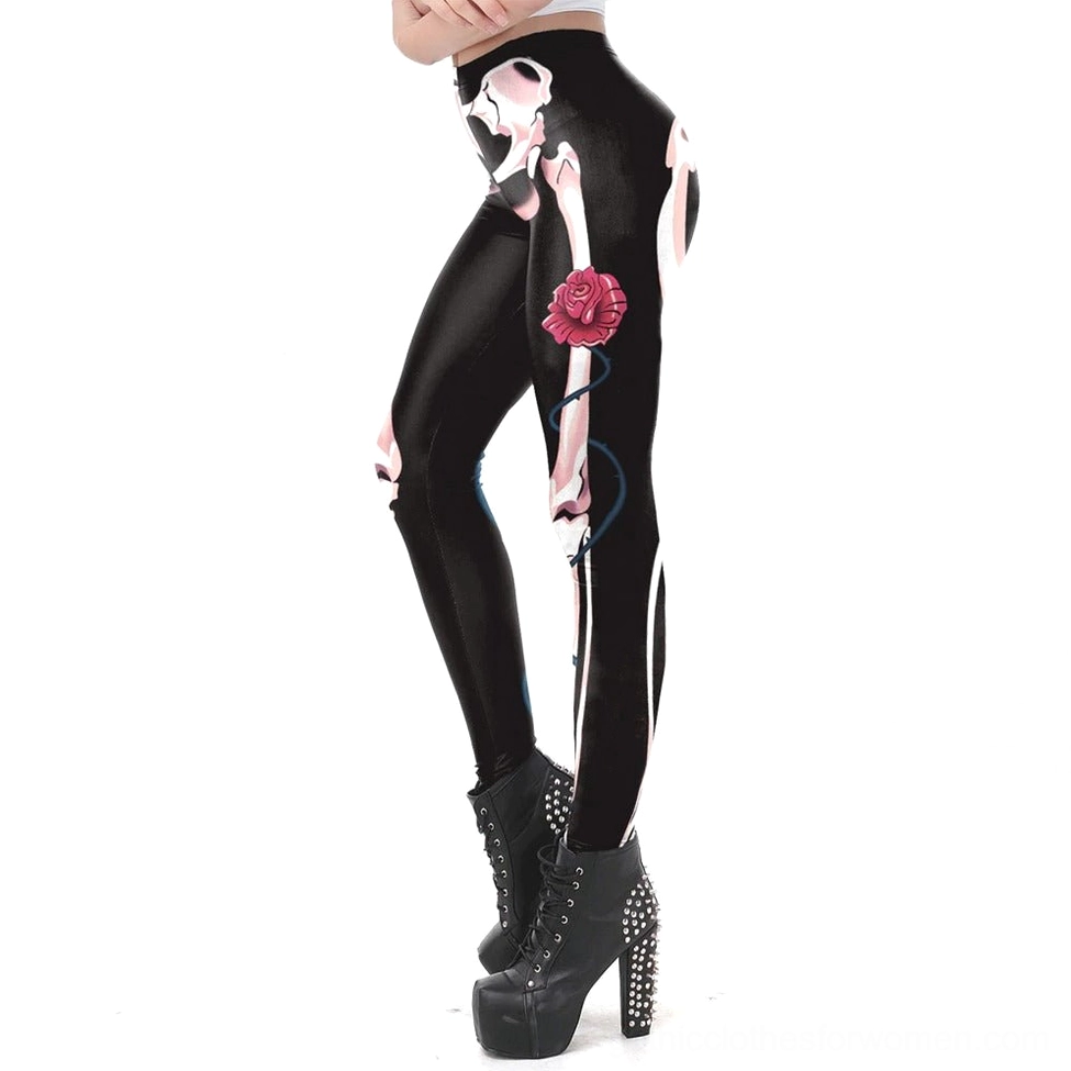Gothic skeleton leggings side view with studded platform boots - showing high-waisted fit and skinny silhouette