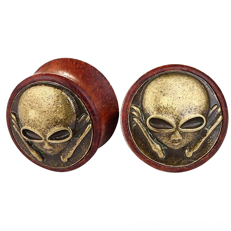 Wine red wooden skeleton skull ear gauges with antique bronze cross-bone design, professional product photography showing front flat view against white background