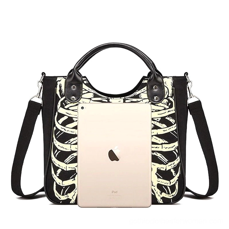 Black skeleton tote bag with open interior view - showing large storage capacity, fits 10-inch tablet, canvas lining and inner organization pockets