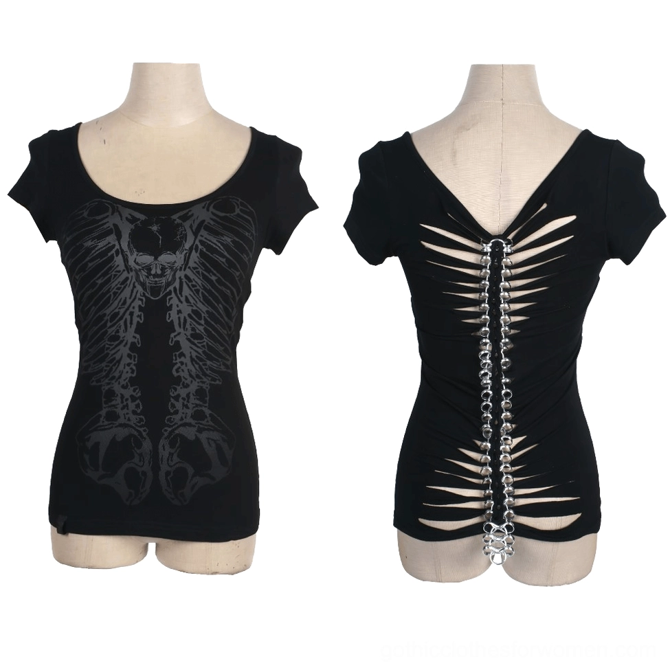 Skeleton gothic t-shirt displayed on mannequins showing front and back design with chain-back detail