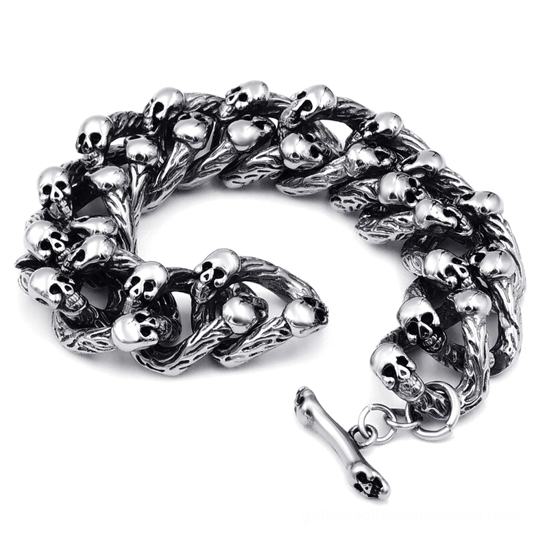 Memento mori skull bracelet featuring bone-shaped toggle clasp and complete skeleton link design in antique silver