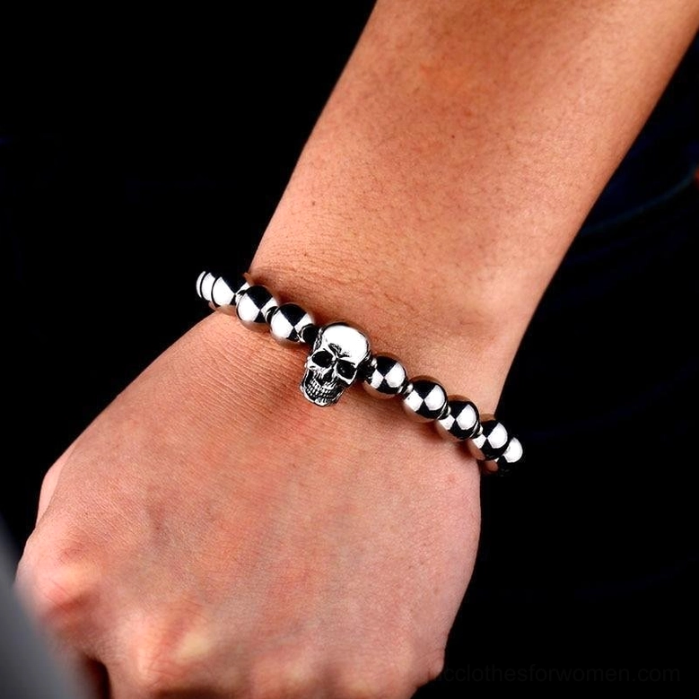 Skull beaded bracelet wrist wear - stainless steel gothic jewelry comfortable fit on male hand