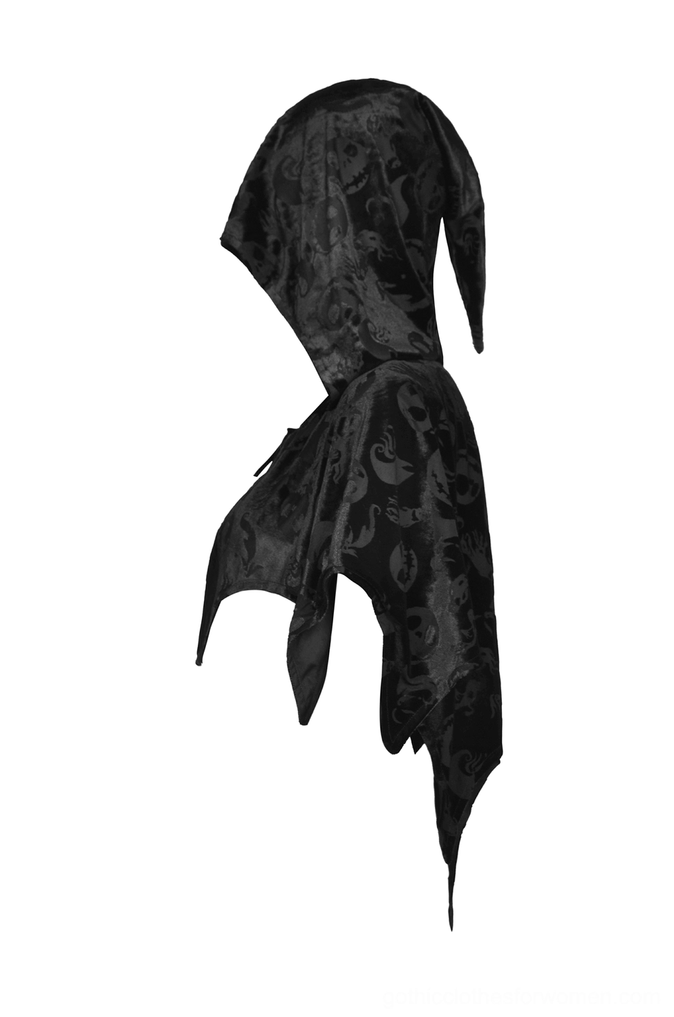Gothic velvet cape back flat view, side angle showing pointed irregular hem, skull embossed pattern, and hooded design