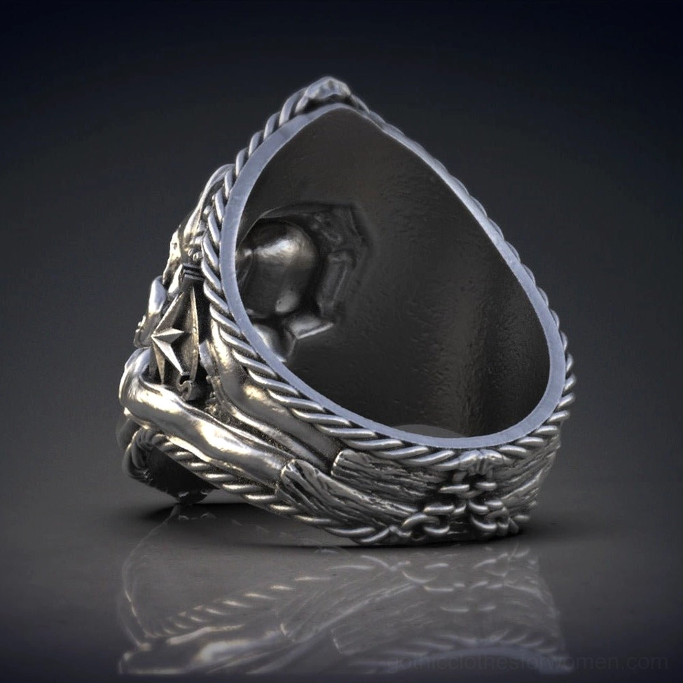 Skull compass anchor ring in oxidized metal showcasing complete gothic nautical design with all maritime and occult elements