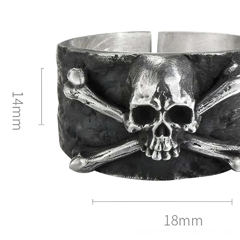 Front view of gothic skull and crossbones ring showing 14mm width detail, 18mm dimension, and matte blackened silver finish