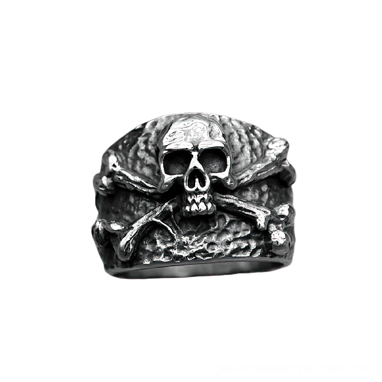 Stainless steel skull crossbones pirate ring direct front view showing 3D embossed design and textured surface