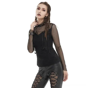 Black skull drawstring gothic long sleeve top with mesh thumb holes - front three-quarter view on model